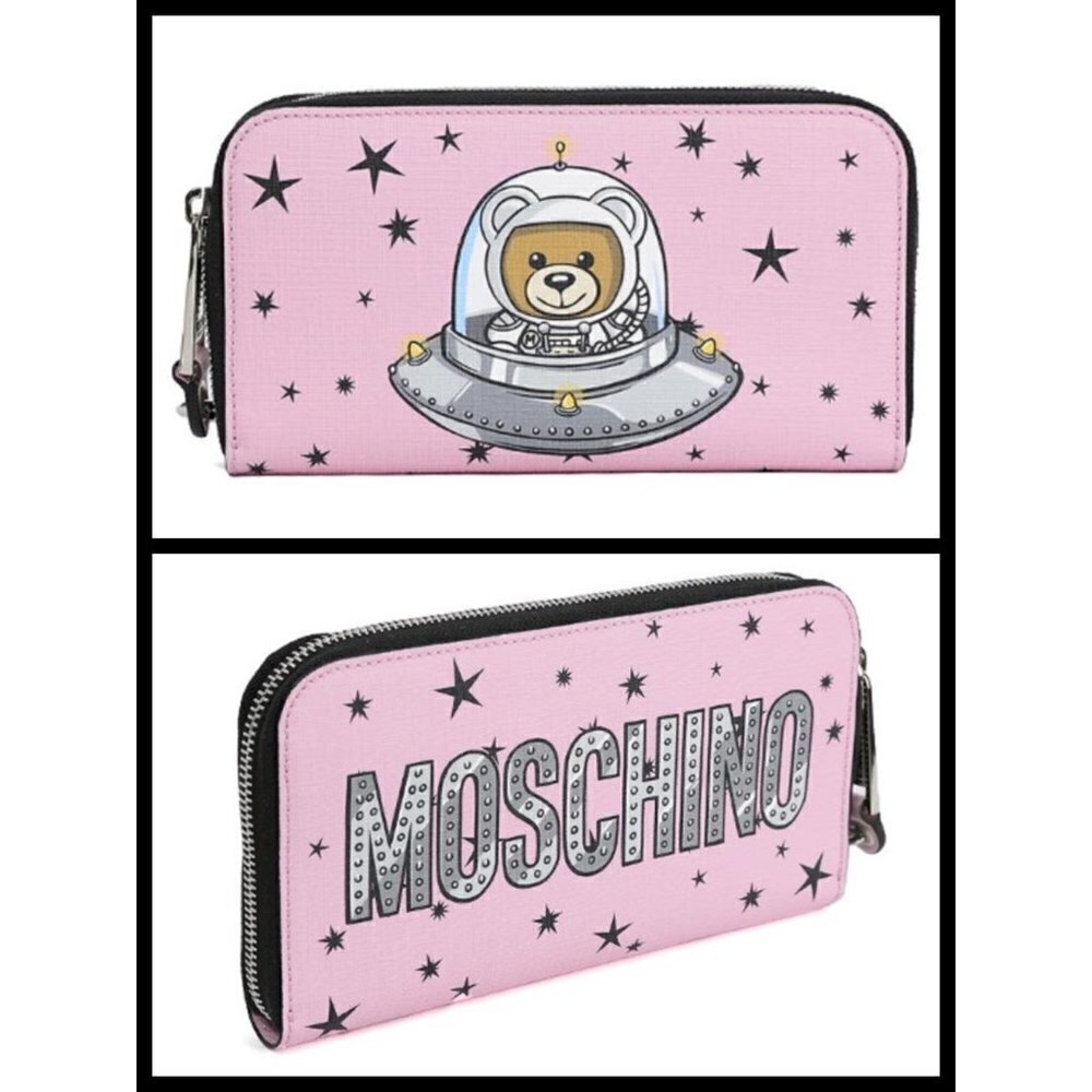 💕MOSCHINO💕 Space Ship Bear Zip Around Wallet Pink NWT 100% Leather